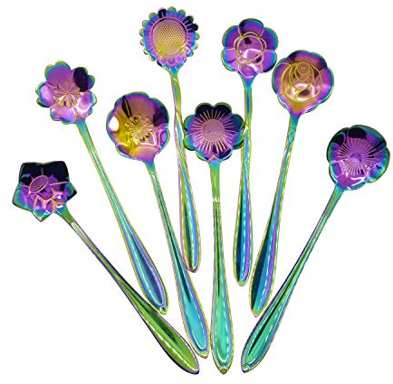 Flower Spoon Set - 8pcs DGQ Teaspoon Coffee Spoon Rainbow Color for Coffee Tea Mixing Ice Cream Dessert - 8 Diffient Pattern Colorful Mini Cutlery Set