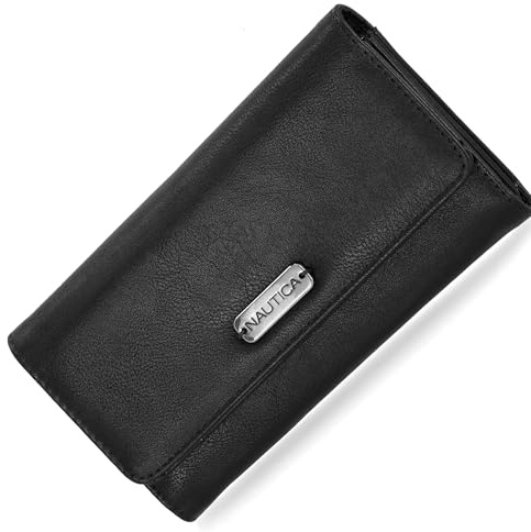 Nautica Money Manager Womens Slim Compact RFID Blocking Credit Card Holder Clutch Wallet Organizer with Zipper Coin Purse and Phone Compartment in Black (Buff)