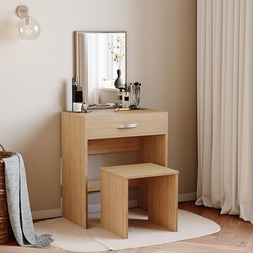Vida Designs -Kosmetiktisch Isla 1 Schublade Spiegel & Hocker Schlafzimmerset Schminke Eitelkeit Kosmetik Aufbewahrung Tisch Kommode Möbel, Kiefer, 130x39x63.5