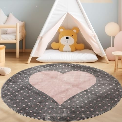 SIMPEX KinderTeppich, Herz-Design, Teppich Rosa, 120 cm Rund, Teppich für Kinder, Teppich Kinderzimmer