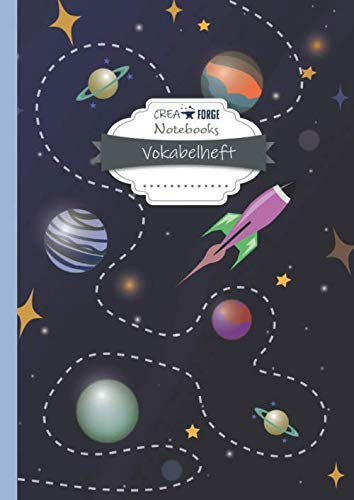CreaForge Vokabelheft: | DIN A4 | 82 Seiten mit Seitenzahlen & Inhaltsverzeichnis / Register | 2 Spalten Lineatur 53 | Softcover matt | Schule & Studium | Motiv: Weltraum