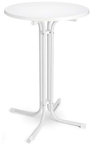 BeFair Stehtisch Klappbar Weiß, 80 cm Rund, Nico - Stabiler Bartisch in Höhe 110 cm mit 4 praktischen Haken für Jacken oder Handtaschen - Wetterbeständig, mit kratzfester Tischplatte