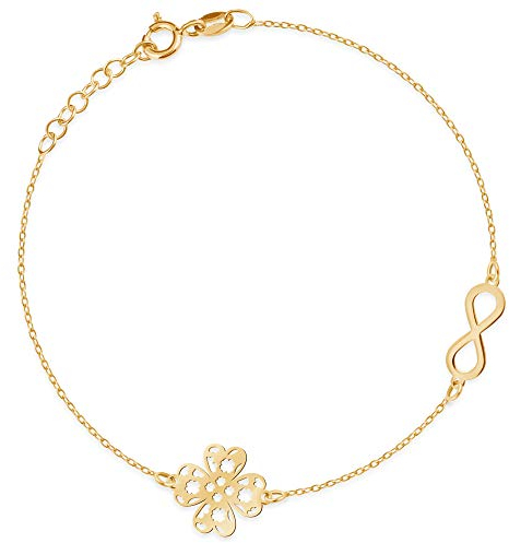 Maverton Infinity Damen Armband 333 Gold - vierblättriges Kleeblatt + personalisierte Geschenkbox mit Gravur - Geschenk für Frauen - Länge: 16-19 cm - 8 Karat