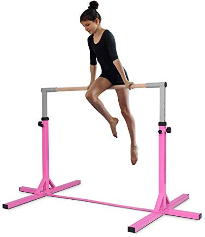 DREAMADE Kinder Gymnastik Turnreck, Reckstange 12-stufige höheverstellbar, Trainingsstange Tanzstange bis 100kg belastbar für Kinder Junior, Trainingsgeräte aus Stahlgestell & Massivholz (Rosa)