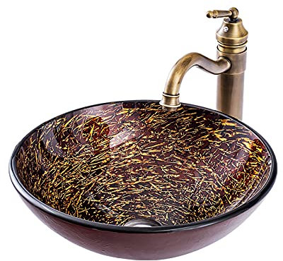 SHUGUANG Lavandino in Vetro Temperato, Tondo Lavabo da Appoggio ​in Vetro Temperato Artistico Lavabo da Appoggio Marrone Lavabo da Bagno con Rubinetto Antico, 420×420×145mm