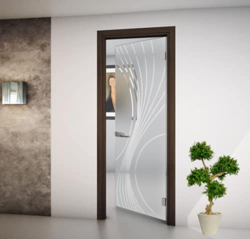 Porta interna a battente in vetro satinato e disegno trasparente con Telaio Rovere Grigio e Serratura 80x210 Spingere a Destra