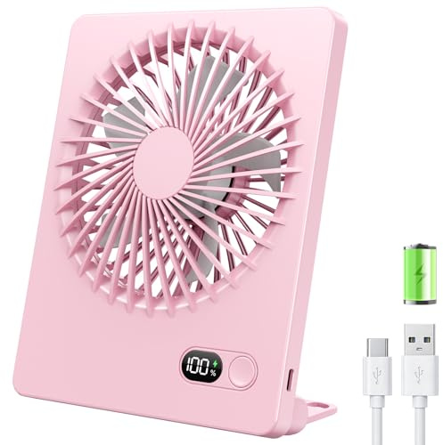 TriPole 2000mAh Rechargeable Desk Fan, Portable USB Fan Last Up to 5-16H, Smart LED Display, Ultra Quiet Small Table Fans, Head Adjustable for Office, Bedroom, Camping, Travel Cooling (Pink)