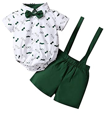 Geagodelia Set di Vestiti per Bambino Estivo Camicia con Manica Corta Stampata con la Barba + Pantaloncini con Bretelle 2 Pezzi Completo Neonato Elegante (Verde, 3-6 Mesi)