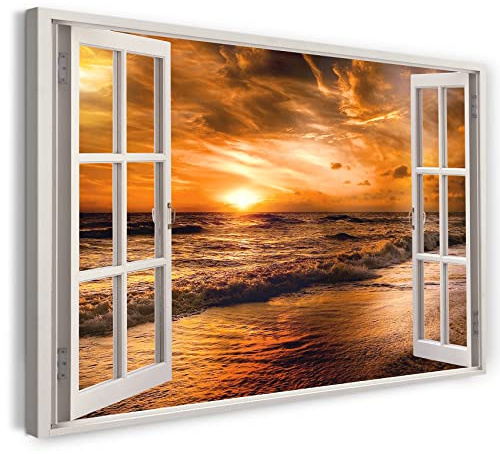 Printistico Bilder Fensterblick 80x60cm Baumwoll-Leinwand auf Keilrahmen mit Aufhänger moderner Kunstdruck XXL Wandbilder Wand-Dekoration Sonnenuntergang Meer Strand Urlaub Sommer - Natur-Fotografie
