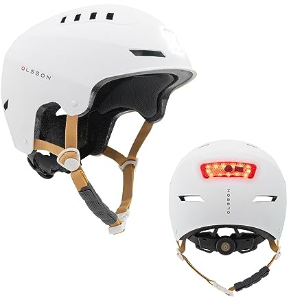 Casco con luz OLSSON Urban Light Blanco Talla S/M Ajustable, Homologado y Resistente a Impactos 360º,LED Frontal+Trasero, Forro Desmontable, ventilación, Apto para patinetes, Patines, Bicicletas