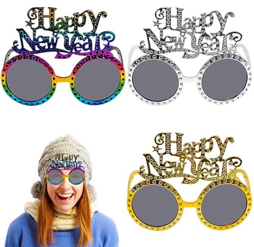 3 Stück Silvester Brille 2026, Partybrille, Neujahr Sonnenbrille, Lustige Brillen, Silvester Deko, Happy New Year Brillen, Silvester Foto Requisiten 2026, Silvester Partybrille für Silvester Geschenk
