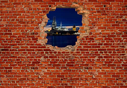 wandmotiv24 Fototapete Köln bei Nacht - Roter Backstein, 200 x 140cm - selbstklebende Strukturtapete, Wanddeko, Wandbild, Wandtapete, 3D-Optik, Wandbruch, Stadt M0613