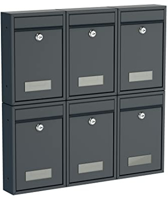 BASI | Lot de 6 boîtes aux Lettres murales compactes | Format DIN B5 | Acier Anthracite Mat | Plaque Nominative | 2 clés chacune | Matériel de Fixation Inclus | Ensemble 6 pièces