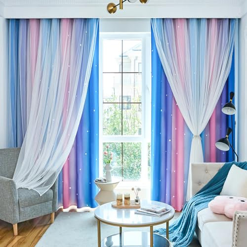 Loyala Verdunkelungsvorhänge für Schlafzimmer – niedliche Kinder-Regenbogenvorhänge, 274 cm lang, 2 Paneele, Blau, Lila und Rosa