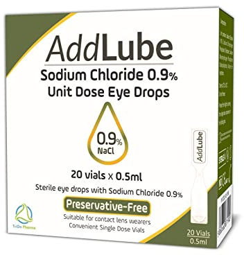 AddLube Eye Drops with 0.9% Sodium Chloride, Saline Solution, Eye Drops for Long Lasting Relief, Suitable for Dry Eyes, Sterile and Preservative Free Unit dose, 20 X 0.5ml Vials