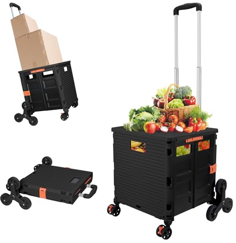 Bärbar vikbar kundvagn med trappklättringshjul, justerbar aluminiumlegeringshandtag, 40 kg/88,2 kg belastningskapacitet med lock, slitbeständigt ljudlöst 360 ° rotera framhjulet med broms (svart)