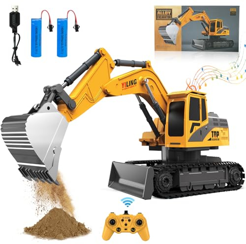 Trulloyoo Pelle Télécommandée Pelle RC Jouet pour Enfants Pelle à Sable en Métal Télécommandée Rotation à Lumière Sonore Cadeaux pour Garçons âgés de 6 7 8 9 10 11 12 Ans Anniversaire de Noël