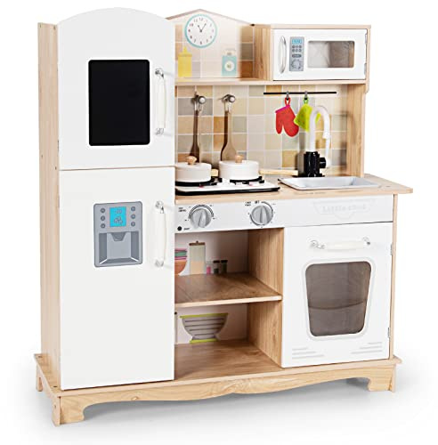 COSTWAY Kinderküche Holz, Kinder Spielküche mit Licht & Sound, Spielzeugküche Holzküche mit Spüle Backofen Mikrowelle Herd und Kochgeschirr, für 3-7 Jahren Kinder, 81x29x88,5cm