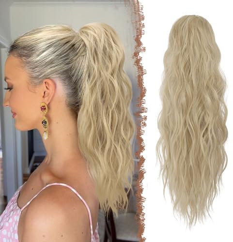 FESHFEN Ponytail Extensions, Drawstring Ponytails Hair Extension Ash Blonde Long Curly Wavy Hair Piece Synthetic Blonde Pony Tail Hairpieces for Women, 18 inch