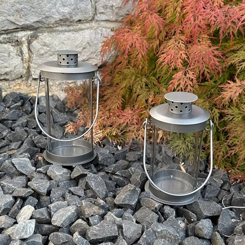 eberin · Grab Laterne Stantus zum Stellen · Grablaterne-Metall · stabile Grablampe mit Deckel · Grablicht Grau-Matt · Glaszylinder · 2 Größen zur Auswahl (21 x 10 cm)