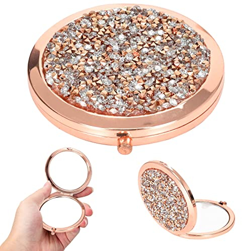 Disnace Taschenspiegel Mini Schminkspiegel,Runder Tragbarer Handspiegel,70MM Runder Schminkspiegel,Doppelseitiger Taschenspiegel mit Diamanten,Kosmetikspiegel für Reisen-Mini Spiegel (Roségold)