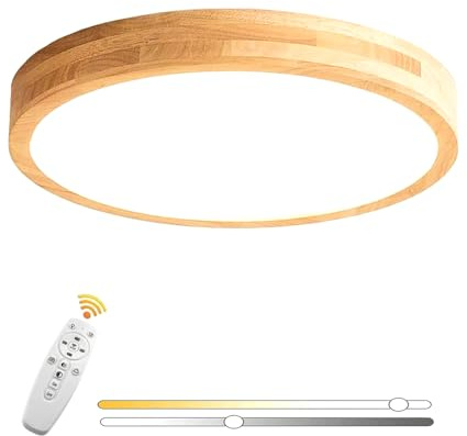 VOMI Lámpara de Techo de Madera LED Regulable con Mando a Distancia, 40cm 24W Plafón LED Techo Redonda Lámparas de Madera Rustica Iluminación Decorativa para Salón Dormitorio Oficina Pasillo