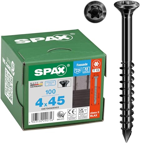 SPAX 0467040400453 Lot de 100 vis de façade, 4 x 45 mm, filetage partiel, tête fraisée bombée, extra petite, T-STAR plus T15, pointe CUT, en acier inoxydable A2 BLAX