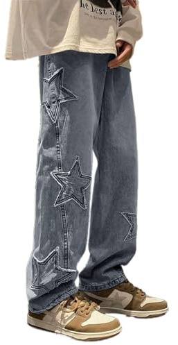 HBER Mens Y2k Star Jeans High Waisted Hip Hop Streetwear Jeans Loose Baggy Embroidery Aesthetic Harajuku Denim Pants Light Blue