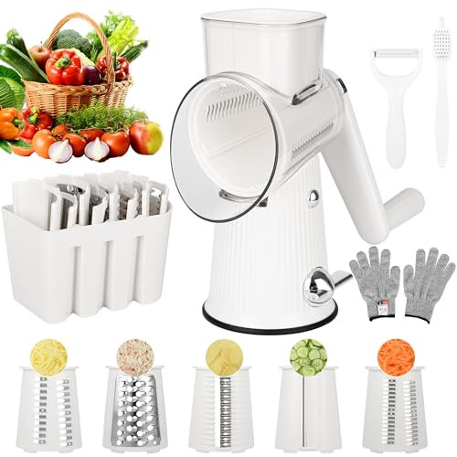 SRIVIJA Geedel - Rallador de queso 5 en 1 con manivela de mano para cocina, rallador con mango para rotación de cocina, cortador de verduras, molinillo de queso (blanco)