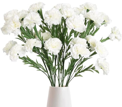 IPOPU Weiße Nelken, künstliche Blumen, 6 Stück, 30 Köpfe, Seidennelken, 70 cm, künstliche Blumen mit Stielen für Hochzeit, Zuhause, Tafelaufsätze, Blumenarrangements (weiß)