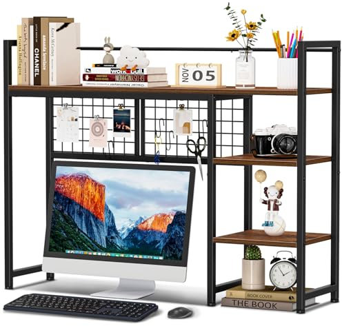 Snughome Desk Shelf, 38.6 Desktop Organizer Shelf, Desk Hutch for Computer Monitor, 4 Tier Desk Display Rack with Pegboard Hooks Set, Wood Desktop Bookshelf for Home Office Dorm