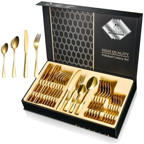 Goldenes Besteck Set für 6 Personen, 24 teilig Edelstahl Gold Besteck Glänzendes Essbesteck mit Messer Gabel Löffel, Hochwertiges Edelstahlbesteck Cutlery Set, Spülmaschinenfest(Mit Geschenkbox)