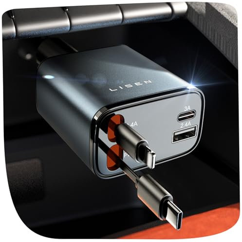 LISEN Retractable Car Charger Adapter 69W Cigarette Lighter USB Charger Travel Camping Essentials Campervan Back to School Supplies Mercedes, Fiat 500, Ford Fiesta Car Accessories Gifts for Men Women