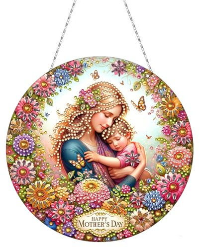 CXINLky DIY Diamond Painting Anhänger mit Kette, Diamant Painting Fensterbilder, 5D Diamond Malerei Türkranz Wandbehang Kits für Fenster Wand Eingang Garten Decor-14-Muttertag