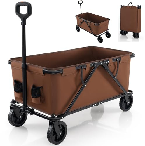 GiantexUK Folding Garden Trolley Cart, Garden Wagon with Adjustable Handle, Bottle Holders, All-terrain Wheels & Bag, Collapsible Shopping Beach Camping Festival Trolley, 170L/100KG Capacity (Brown) | 170L/100KG Capacity Shopping Beach Camping Festival Trolley with Adjustable Handle, Bottle Holders, All-terrain Wheels & Bag