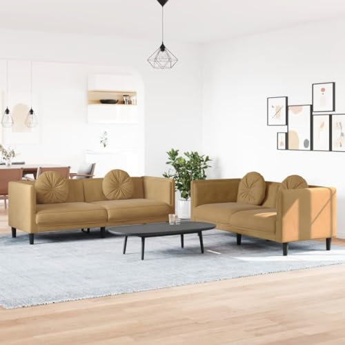 Homgoday 2-TLG. Sofagarnitur mit Kissen Sofa Couch Wohnzimmersofa mit Armlehnen, Loungesofa Couchgarnitur Designsofa Sitzmöbel Polstermöbel für Wohnzimmer Büro Braun Samt