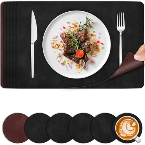 Table Mats Set of 6, Large PU Leather Placemats and Coaster Sets 6, Place Mats Heat Resistant Washable Wipe Clean, Non-Slip Square Table Placemats Set of 6, for Dining Party Home Restaurant, Black Red