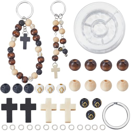SUNNYCLUE 250 Teiliges Schlüsselanhänger Set Holzkreuz Anhänger Holzkreuzperle Schwarz Weiß Natürliche Lavasteinperlen Mini Kruzifix Anhänger Holzkreuz Anhänger Geteilter Schlüsselring Für Schlüsselan