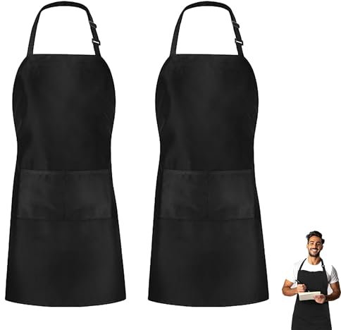 KISUOMAOYI Pack of 2 Kitchen Apron Adjustable Bib Chef Aprons with 2 Pockets Cooking Apron Unisex Women Men Aprons Perfect for Home Kitchen, Baking, Gardening, Restaurant, Coffee house BBQ - Black