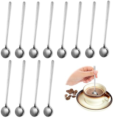 12 Långa Kaffeskedar och Teskedar i Rostfritt Stål med Långt Handtag för Kaffe och Te (Silver, 17,5 cm/6,9 tum)