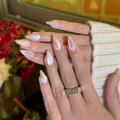 SXVME Light Nude Cat Eye False Nails Almond, Glitter Press on Nails Medium Almond, Bling Shiny Acrylic Fake Nails Press on Medium Stiletto, Sparkly Stick on Nail for Women Daily Wedding Wear, 30 Pcs