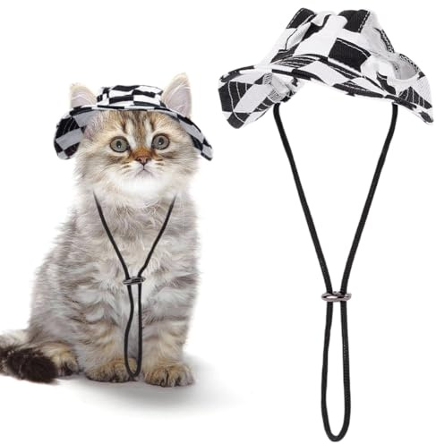 CREATCABIN Plaid Pet Hat Cat Hats Dog Hat with Ear Holes Cat Headwear Soft Cotton Outdoor Sun Protection Pet Caps Adjustable Cord for Small Cats Dogs Halloween Christmas Party Costume Black 5.7 Inch