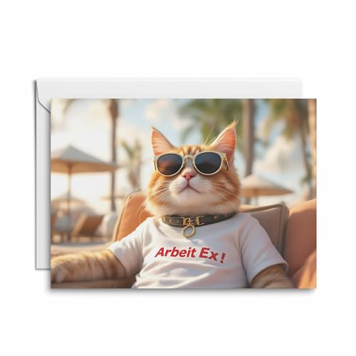 1 Glückwunsch Grusskarte plus Einleger zur Rente - 'Arbeit Ex!' für den Ruhestand, humorvolle Abschiedskarte mit entspannter Katze, perfekte Geschenk-Beilage für Kollegen, Mitarbeiter,Freunde