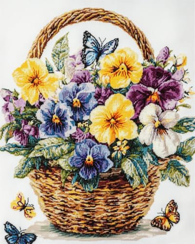 AYAOYANGGO 11CT Kreuzstich Set Stickset Mit Bunten Stiefmütterchenblumen，Blumen Im Korb，Kreuzstich-Set Für Erwachsene Mit Nadeln，Schereneinfädler，Vordruck Für Die Wanddekoration Zu Hause 40x50cm