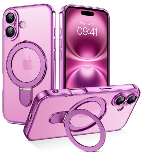 BENTOBEN Magnetic Case for iPhone 16 [Compatible with Magsafe], Adjustable Ring Stand Full Camera Lens Protector Clear Anti-yellow Military Drop Protection Shockproof Case for iPhone 16, Pink