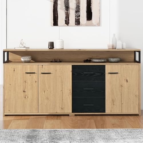 Buffet Industriel avec 3 Portes 3 tiroirs étagères Ouvertes Commode avec poignées métalliques Armoire de Rangement pour Chambres Salons Cuisine Couleur Bois