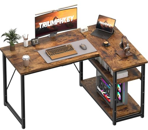 TRIUMPHKEY 120 * 80cm L Shaped Computer Desk with Reversible Large Storage Shelves, Corner Desk Computer Workstation Matching Under Desk Height Adjustable Storage, Home Office Work Table Brown