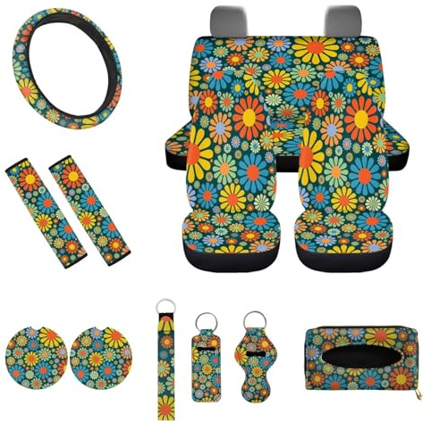 UOIMAG Hippie Daisy Autositzbezug für Damen, grooviges Blumenmuster, Lenkradbezug, Sicherheitsgurtpolster, komplettes Set mit 13 Stück