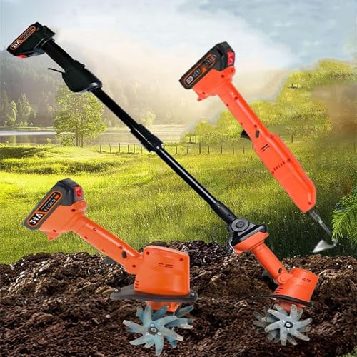 Electric Garden Tiller, Cordless Cultivator with 2 Batteries and Telescopic Pole for Soil Cultivation, Ground Breaking and Gardening