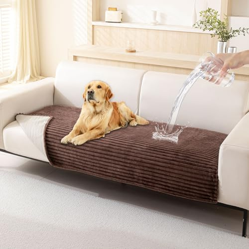 HAOMAIJIA Waterproof Couch Cover for Dogs Washable,Faux Fur Pet Couch Covers for Sofa,Soft Dog Bed Cover Non-Slip Couch Covers for 3 Cushion Couch Sofa Pet Friendly (Brown, 23 x 23 2 Pack)